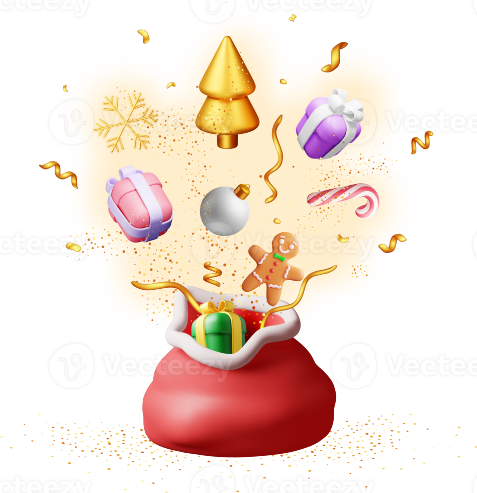 3D Open Santa Claus Sack full of Gifts png