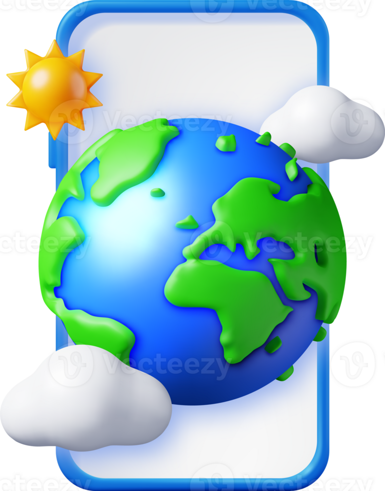 3d Smartphone with Globe or Earth, Sun and Clouds png