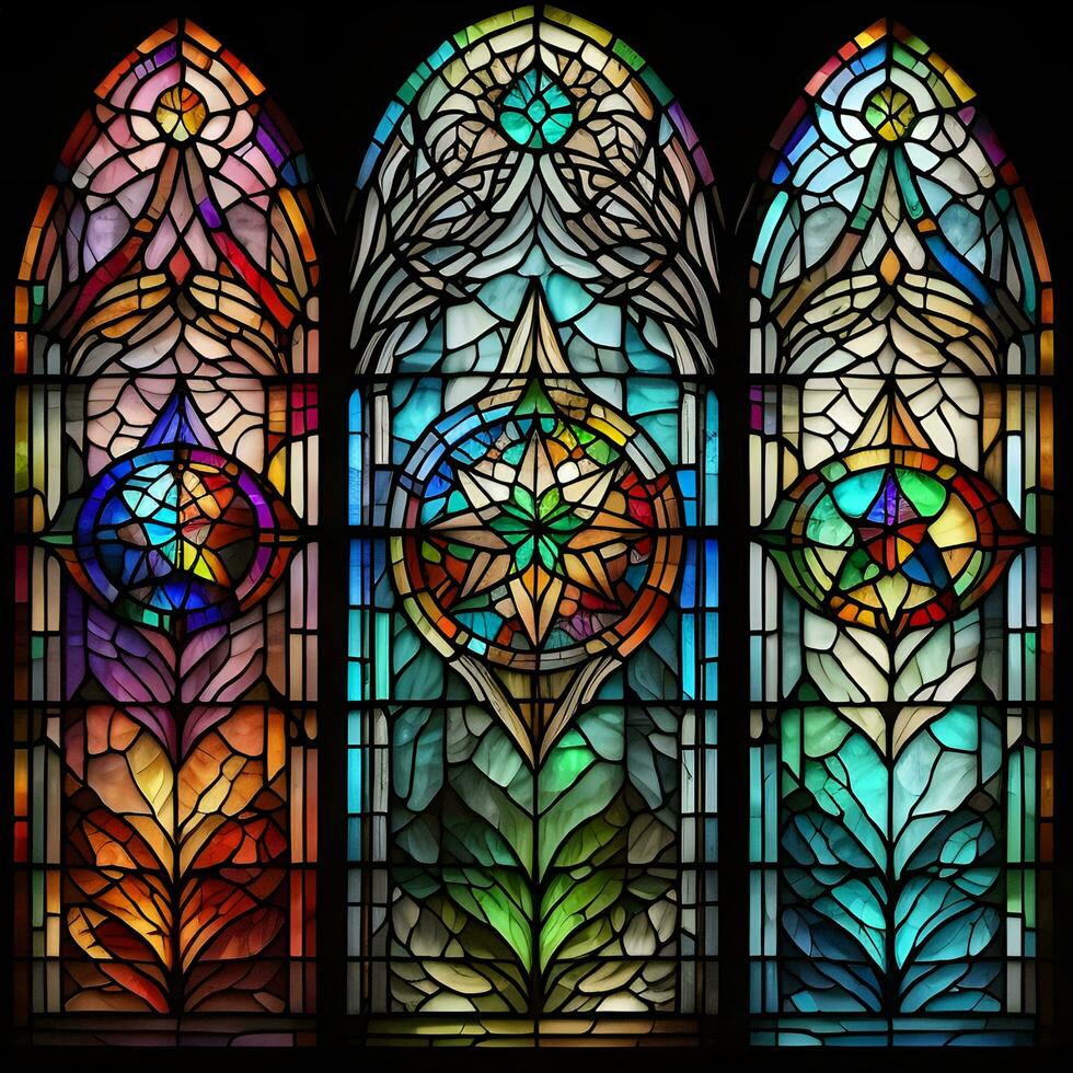 AI generated Stained glass window in the church. Colorful stained glass window. generative ai photo