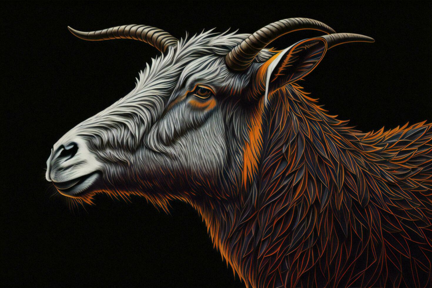 AI generated Portrait of a goat with horns on a black background, digital illustration. ai generated photo