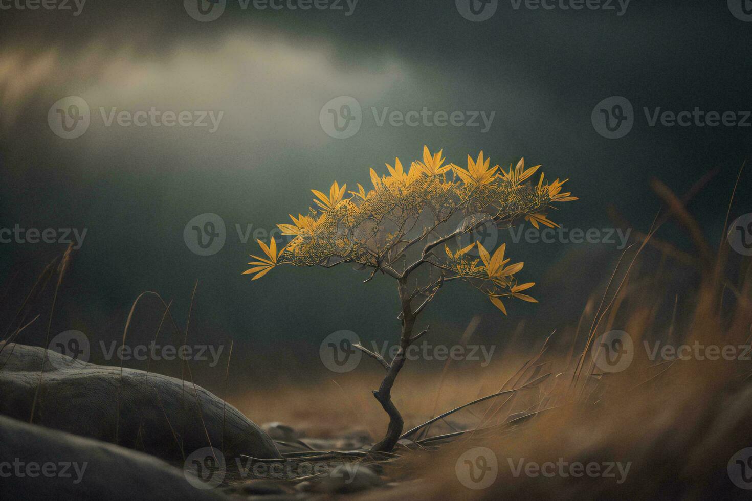 AI generated Autumn landscape with a lonely tree in the middle of the forest. generative ai photo