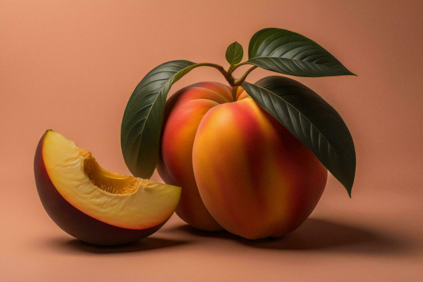 ai generado melocotón Fruta con hojas en un marrón antecedentes. generativo ai foto