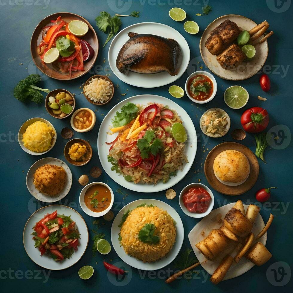 AI generated Indian food. Traditional assorted Indian dishes. Top view. Flat lay. generative ai photo