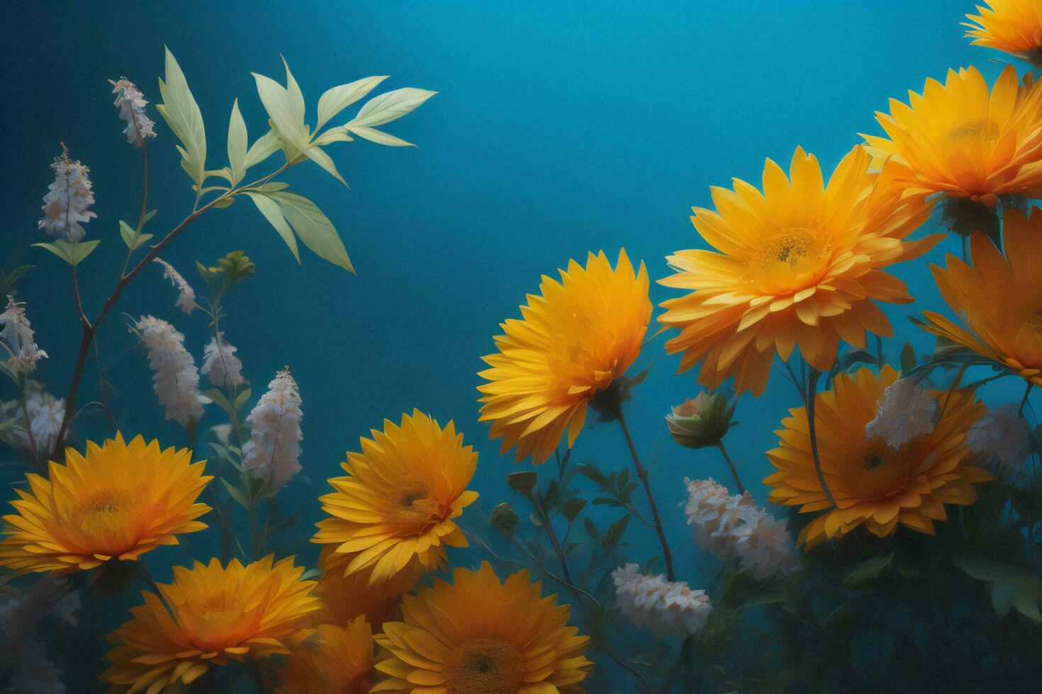 AI generated Beautiful yellow flowers on a dark blue background, soft focus. generative ai photo