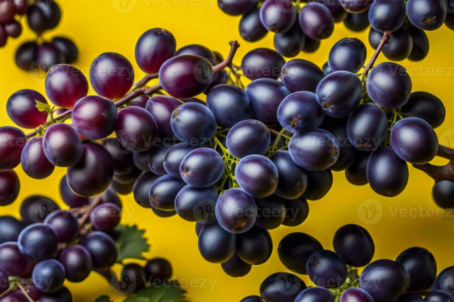 AI generated Bunch of black grapes on a yellow background. Top view. ai generated photo