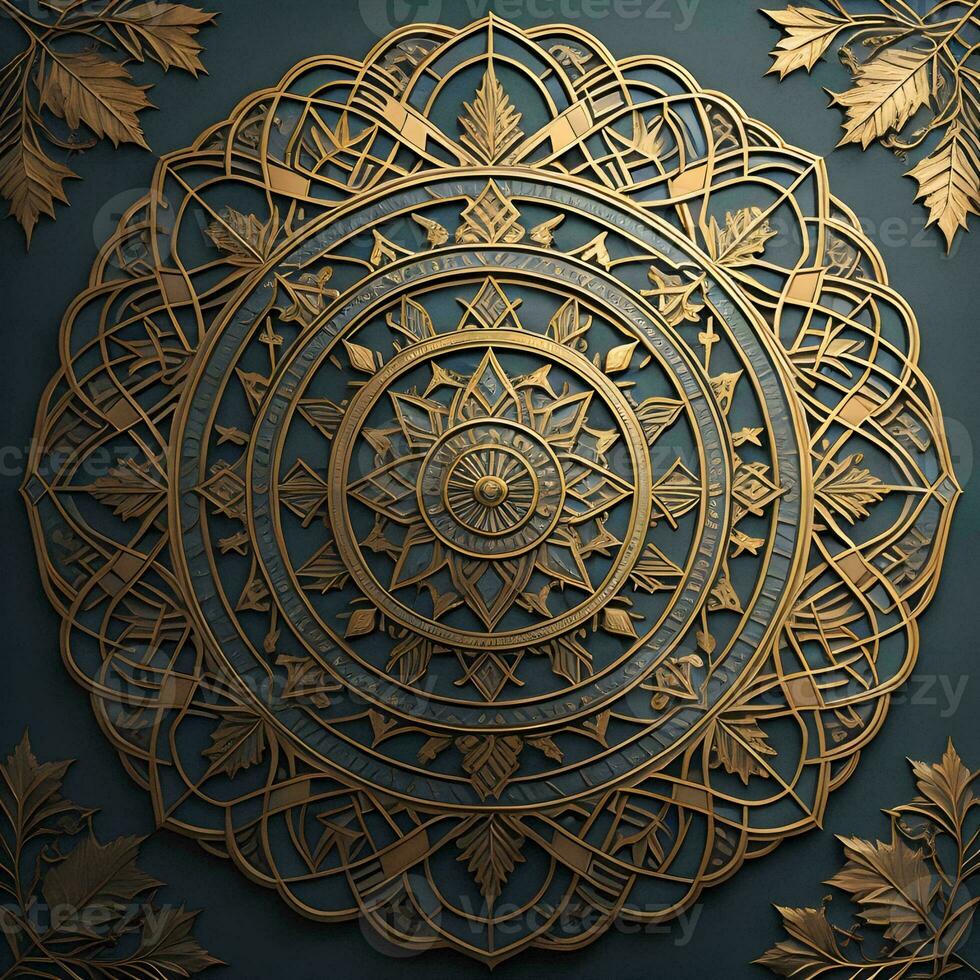 AI generated Golden ornament on blue background. Element for design. generative ai photo