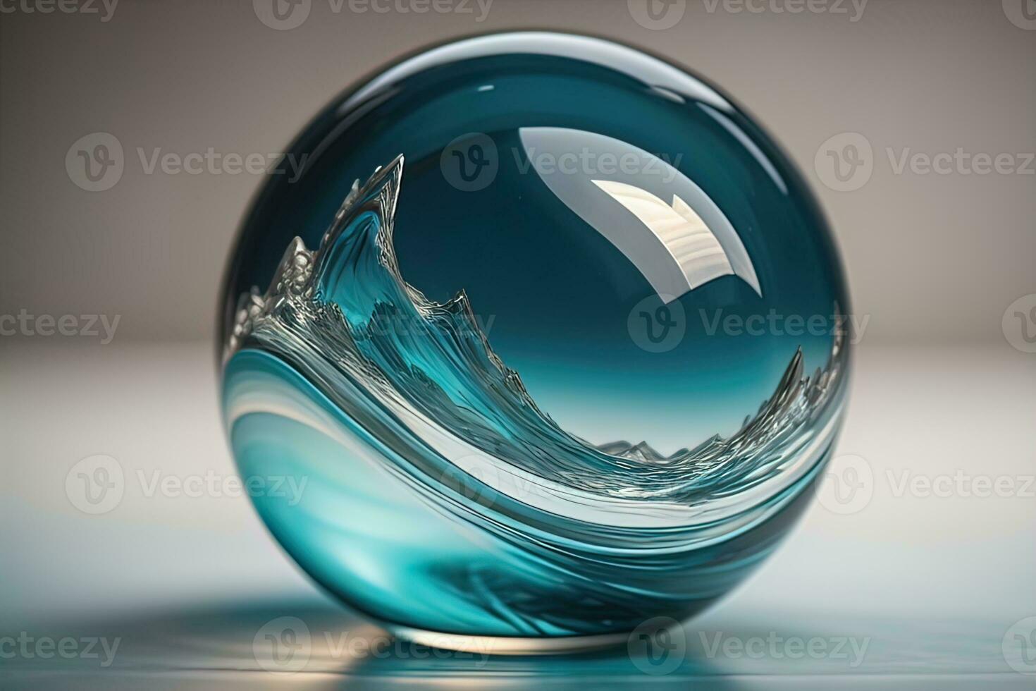 ai generado transparente cristal pelota en un de madera mesa. ai generativo foto
