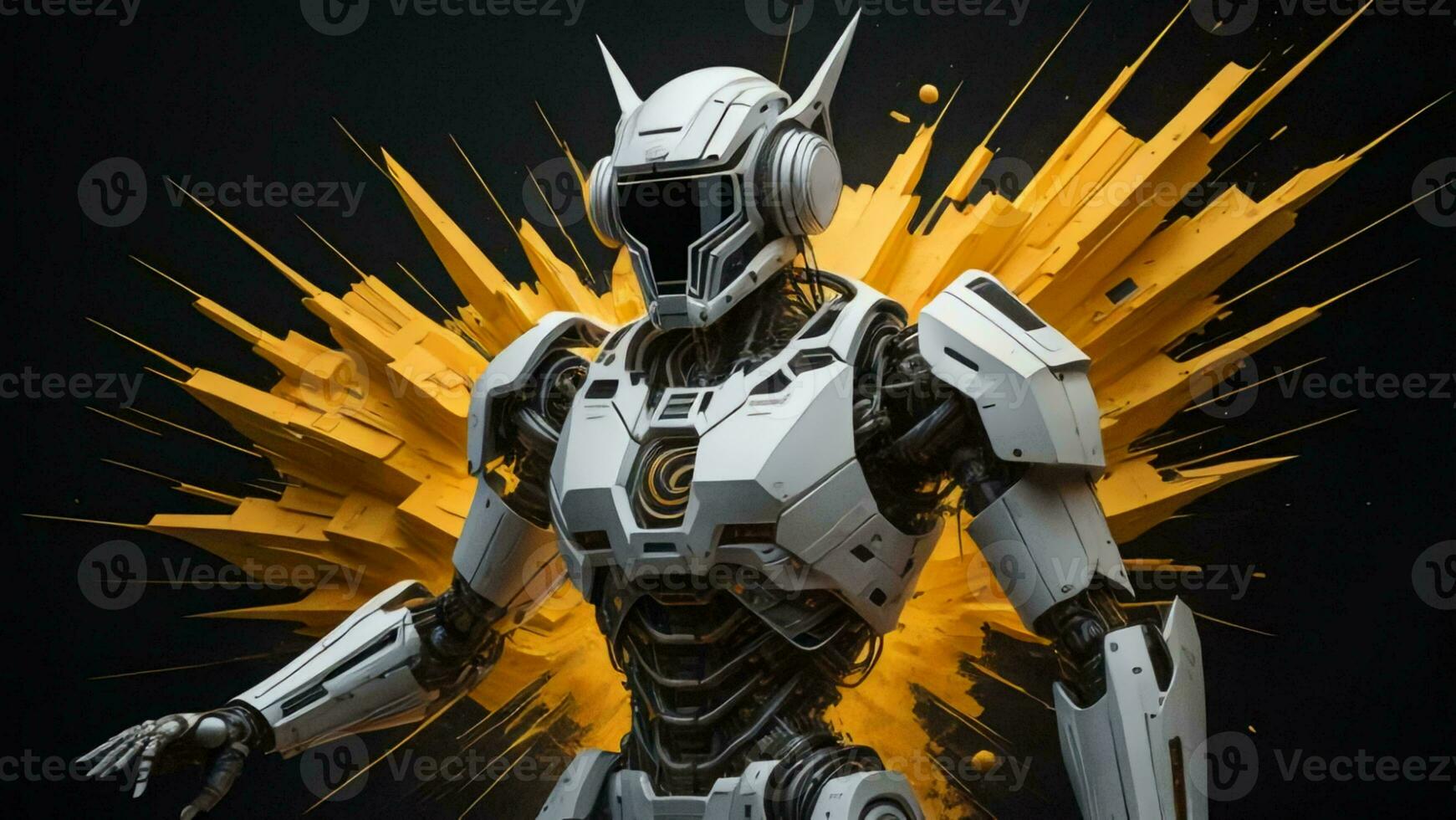 AI generated a robot on a black background with yellow particles. generative ai photo