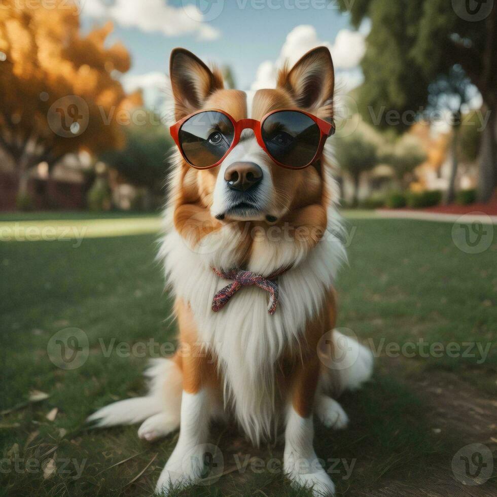 ai generado retrato de un Pelirrojo corgi perro con Gafas de sol en el parque. generativo ai foto