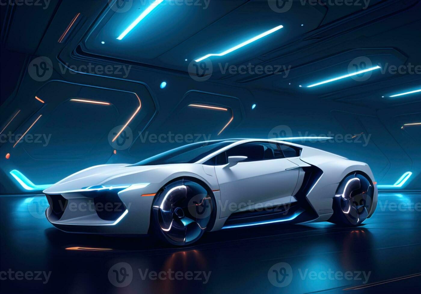 AI generated Futuristic black sports car in neon light. ai generative photo
