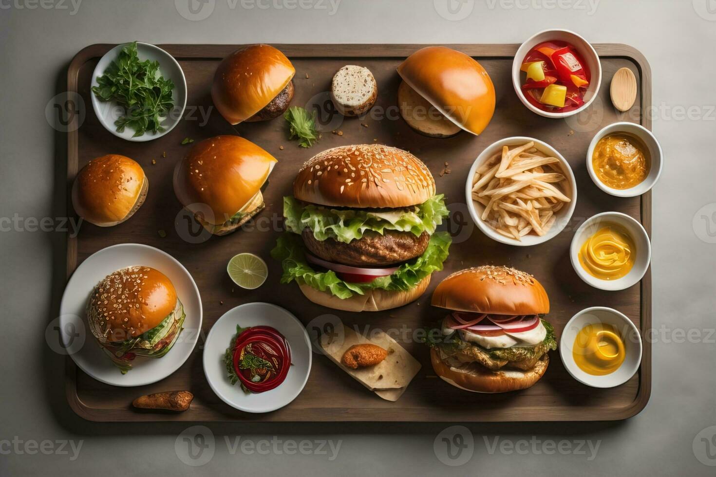 AI generated Hamburgers with french fries on wooden table, closeup. ai generative photo