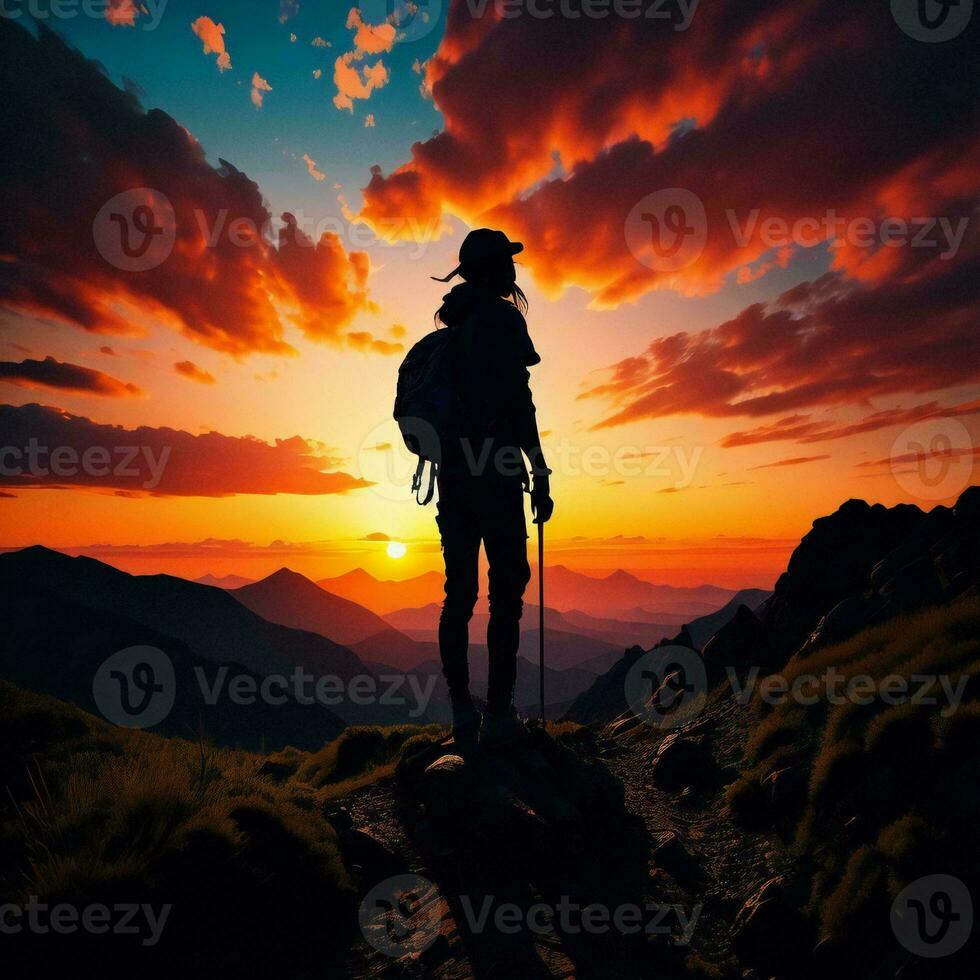 AI generated Silhouette of a man with a backpack and trekking poles on the background of the sunset. photo
