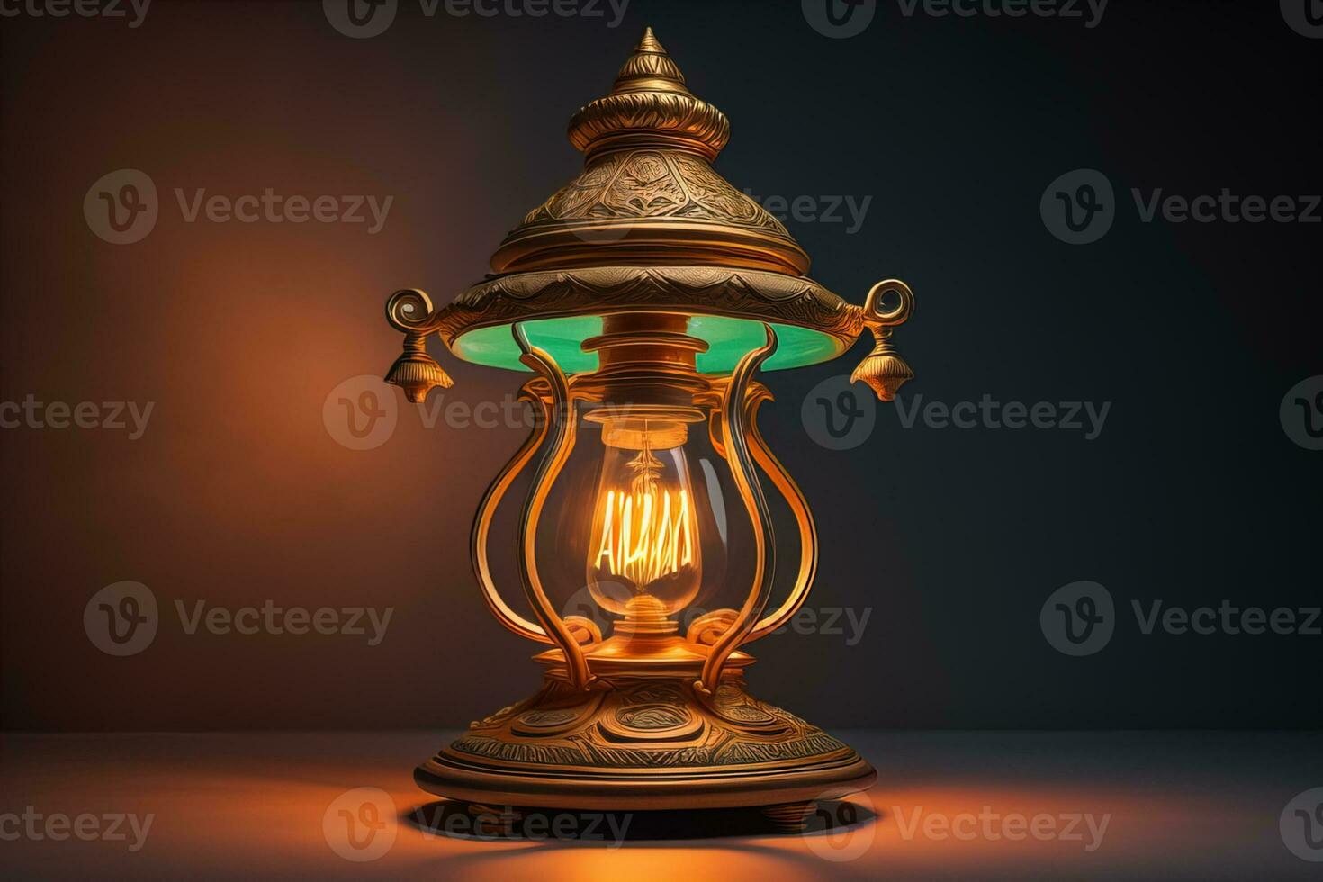 AI generated Lantern on a wooden table and a dark background. ai generative photo