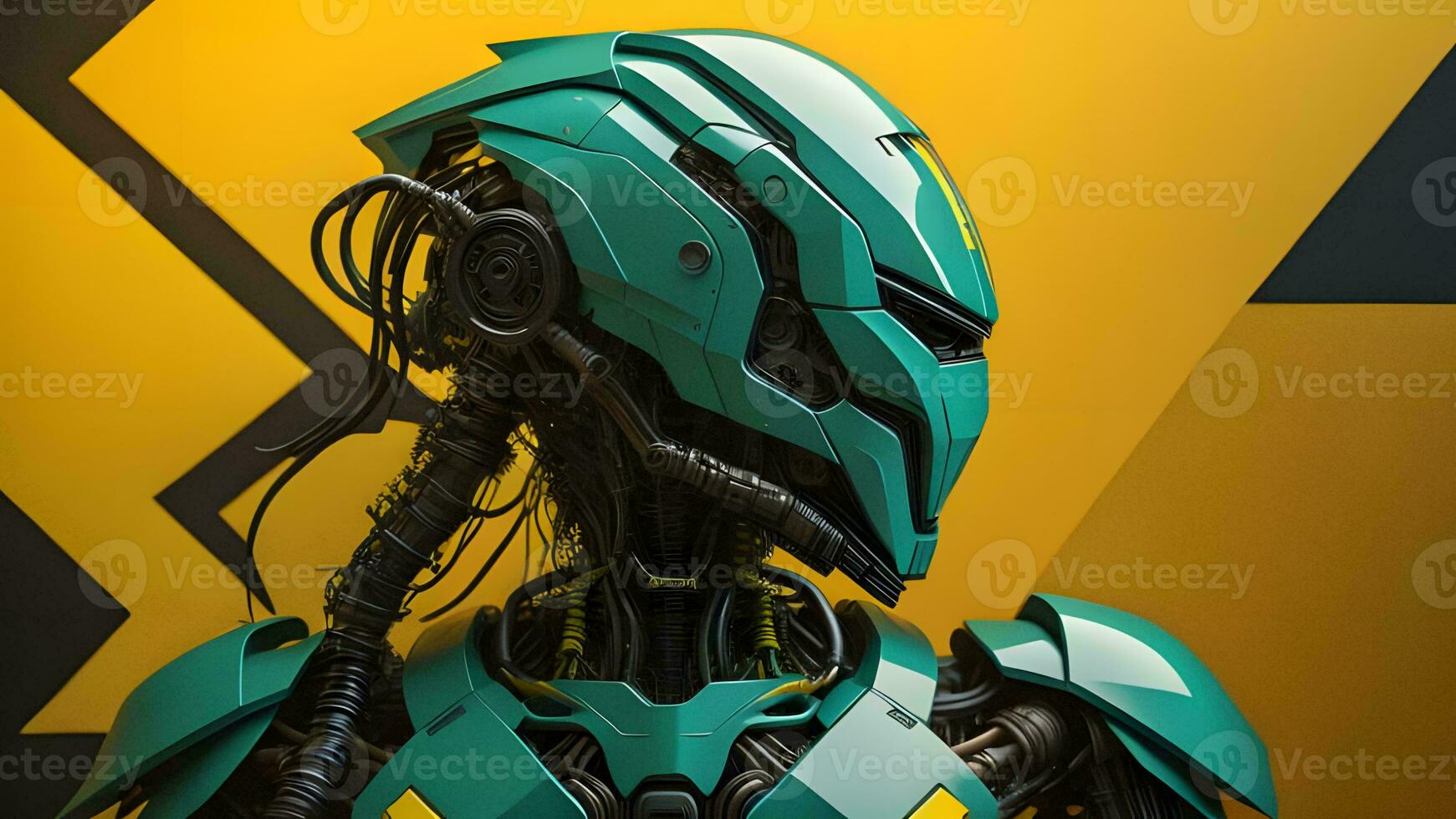 AI generated Cyborg with a green helmet on a yellow background. generative ai photo