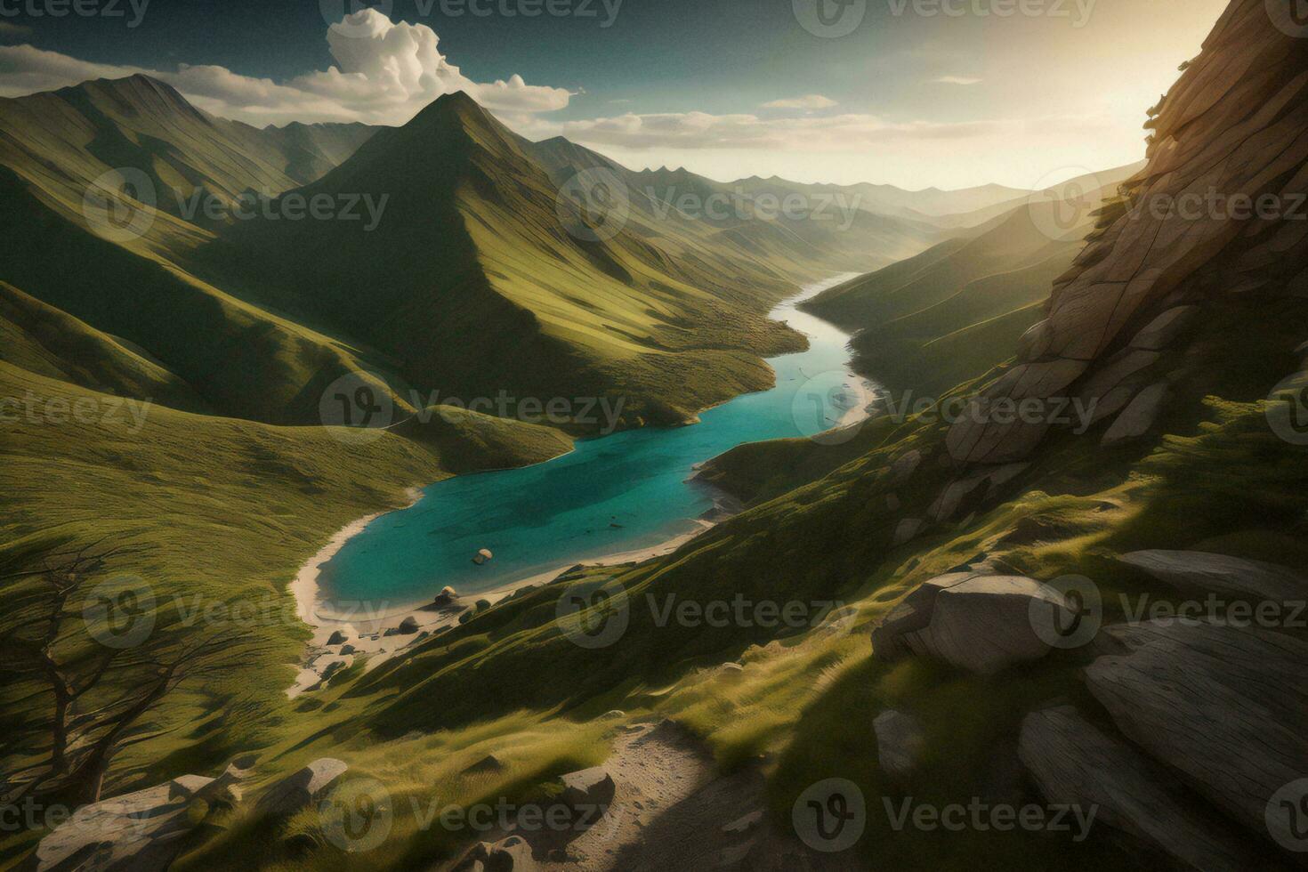 AI generated Beautiful landscape with mountain lake in the mountains. generative ai photo