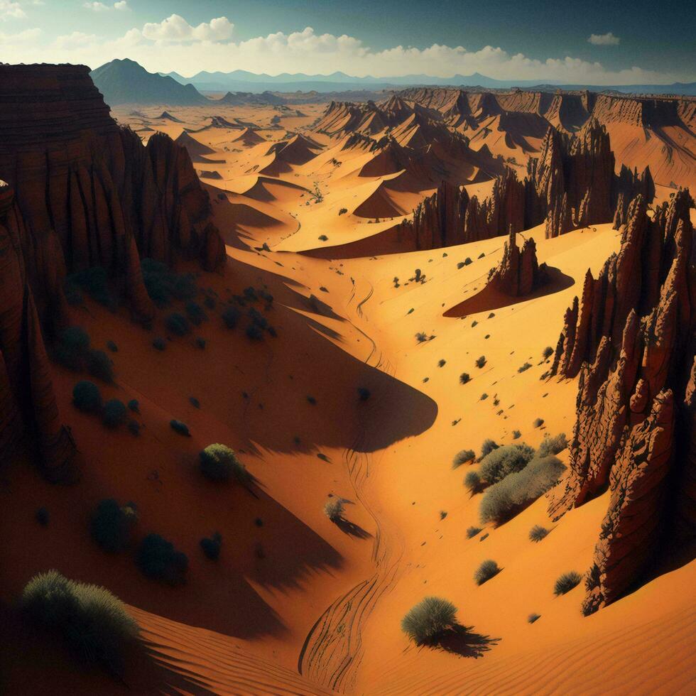 AI generated Desert landscape with sand dunes and trees. generative ai photo