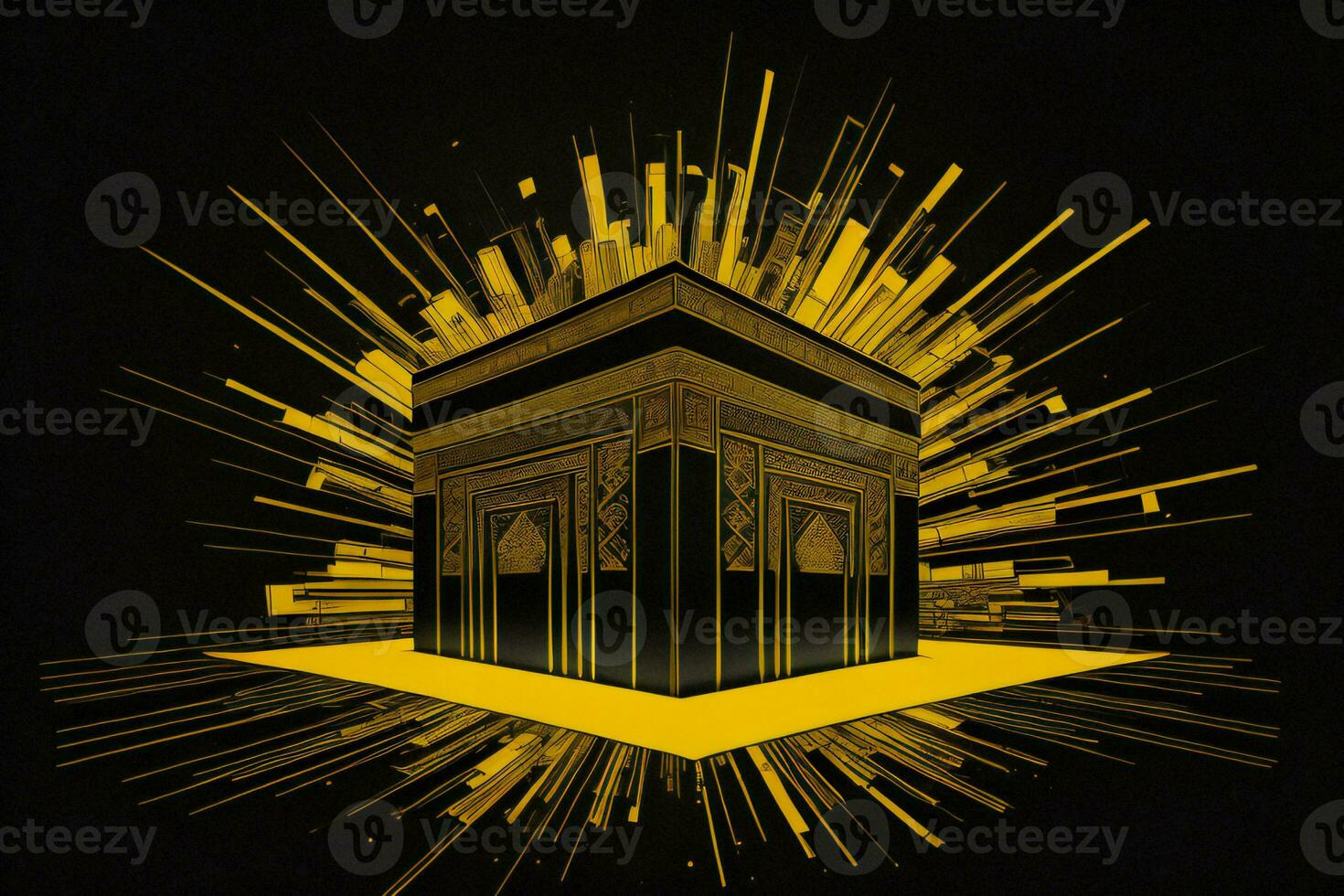 AI generated Ramadan Kareem Greeting Card with Golden Mosque on Black Background. generative ai photo