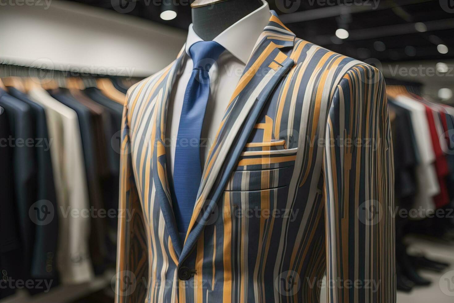 ai generado elegante trajes en maniquíes en sólido color fondo, de cerca. ai generativo foto