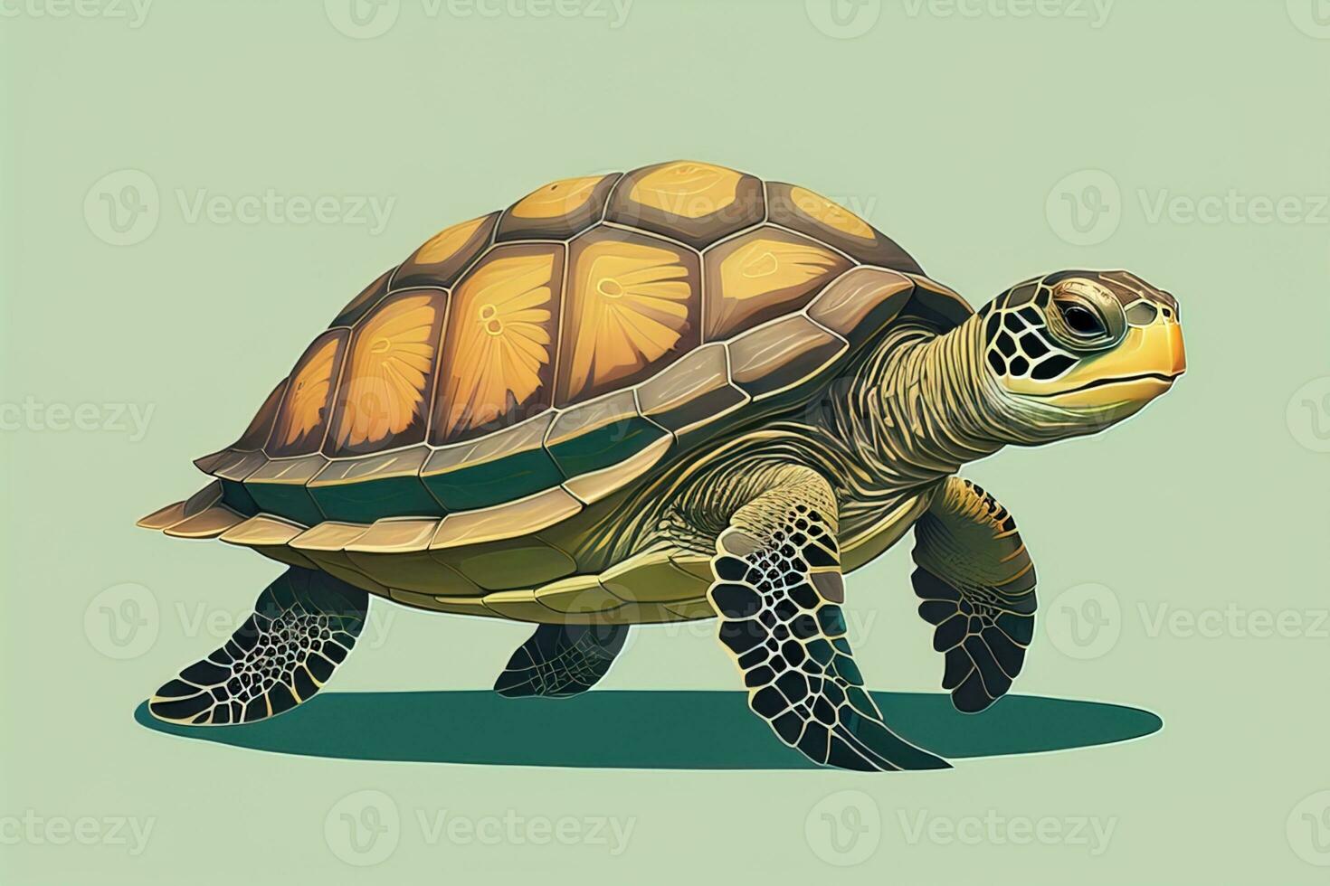 AI generated illustration of a turtle on a green background in cartoon style. ai generative photo