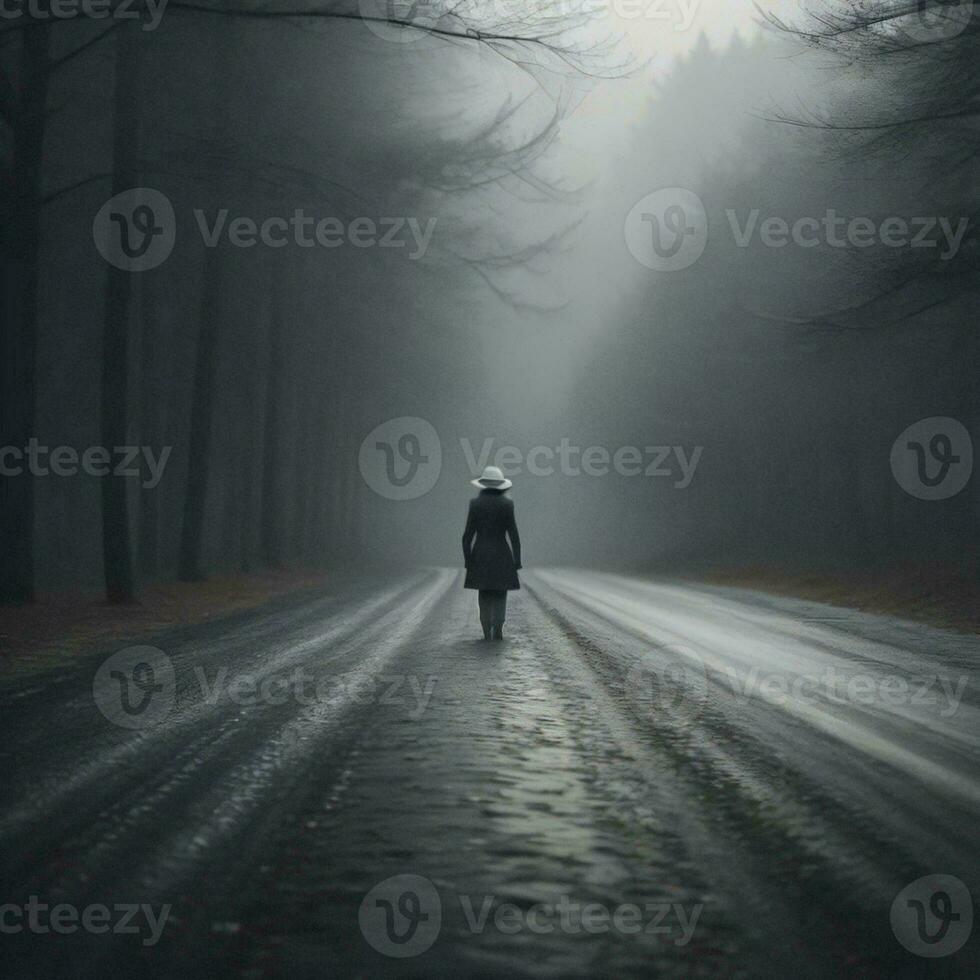 AI generated Mysterious woman walking on a wet road in a foggy forest. generative ai photo