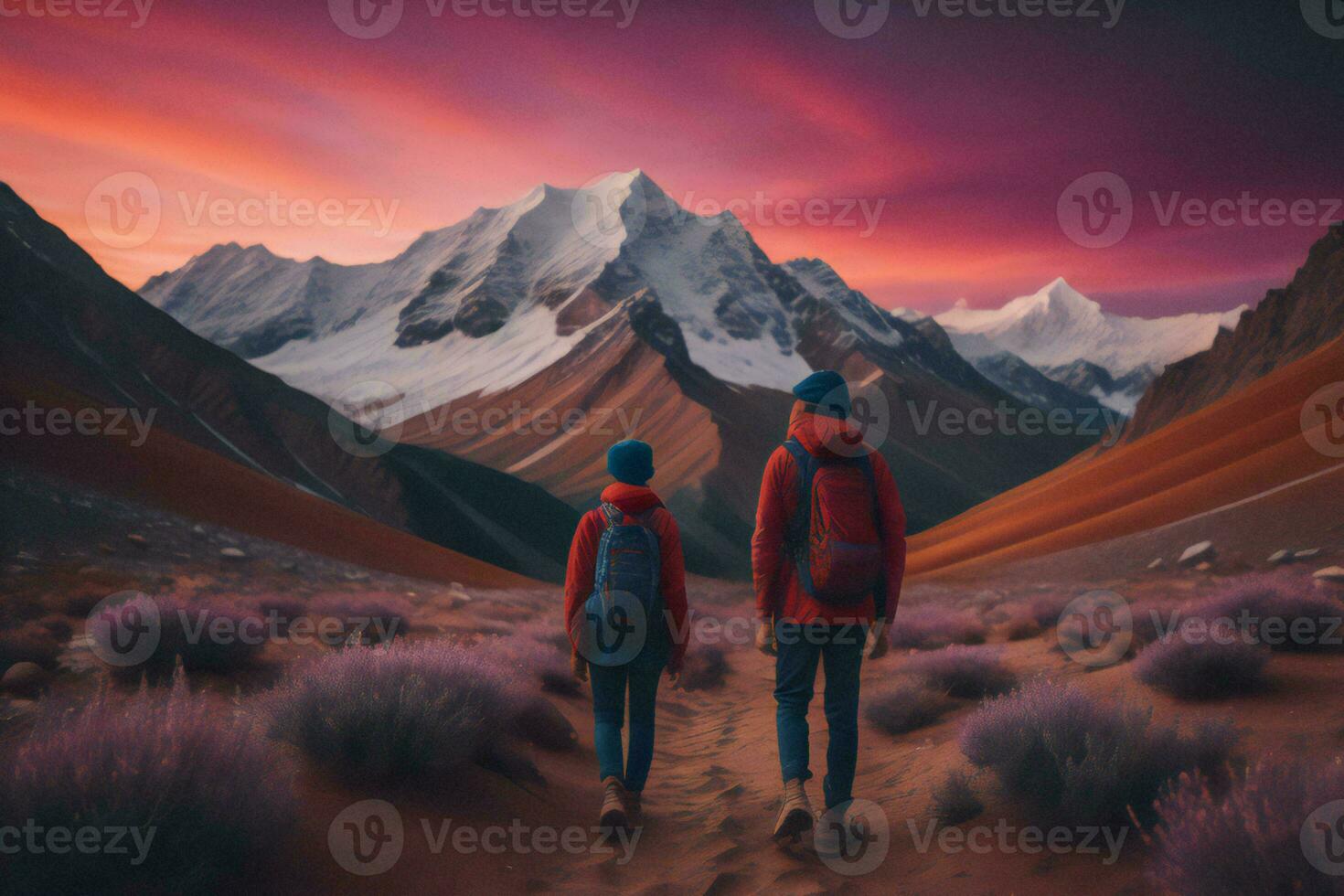 AI generated Hiking couple walking in the desert at sunset. ai generated photo
