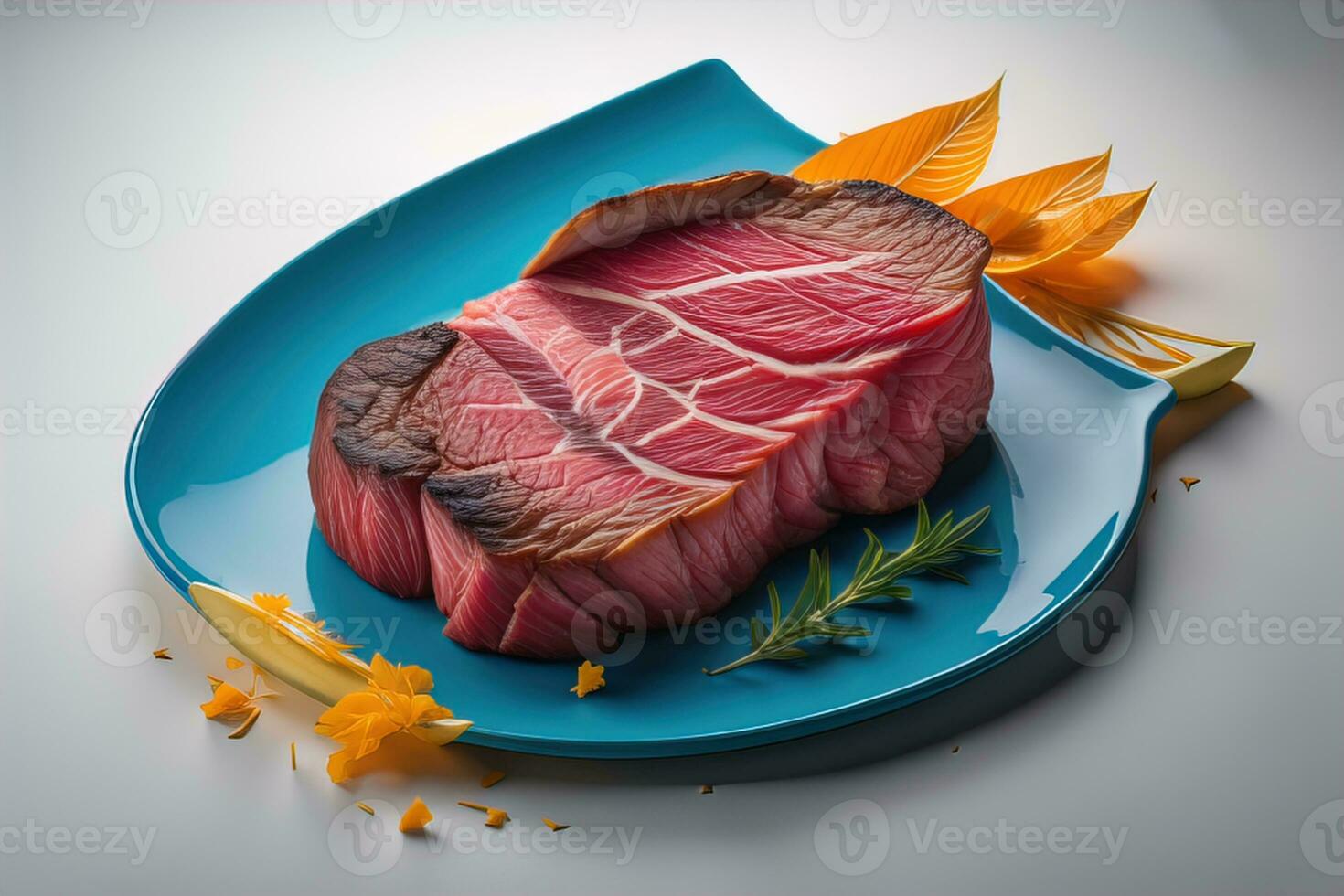 ai generado rebanado crudo carne de vaca en azul plato con Romero en blanco antecedentes. generativo ai foto