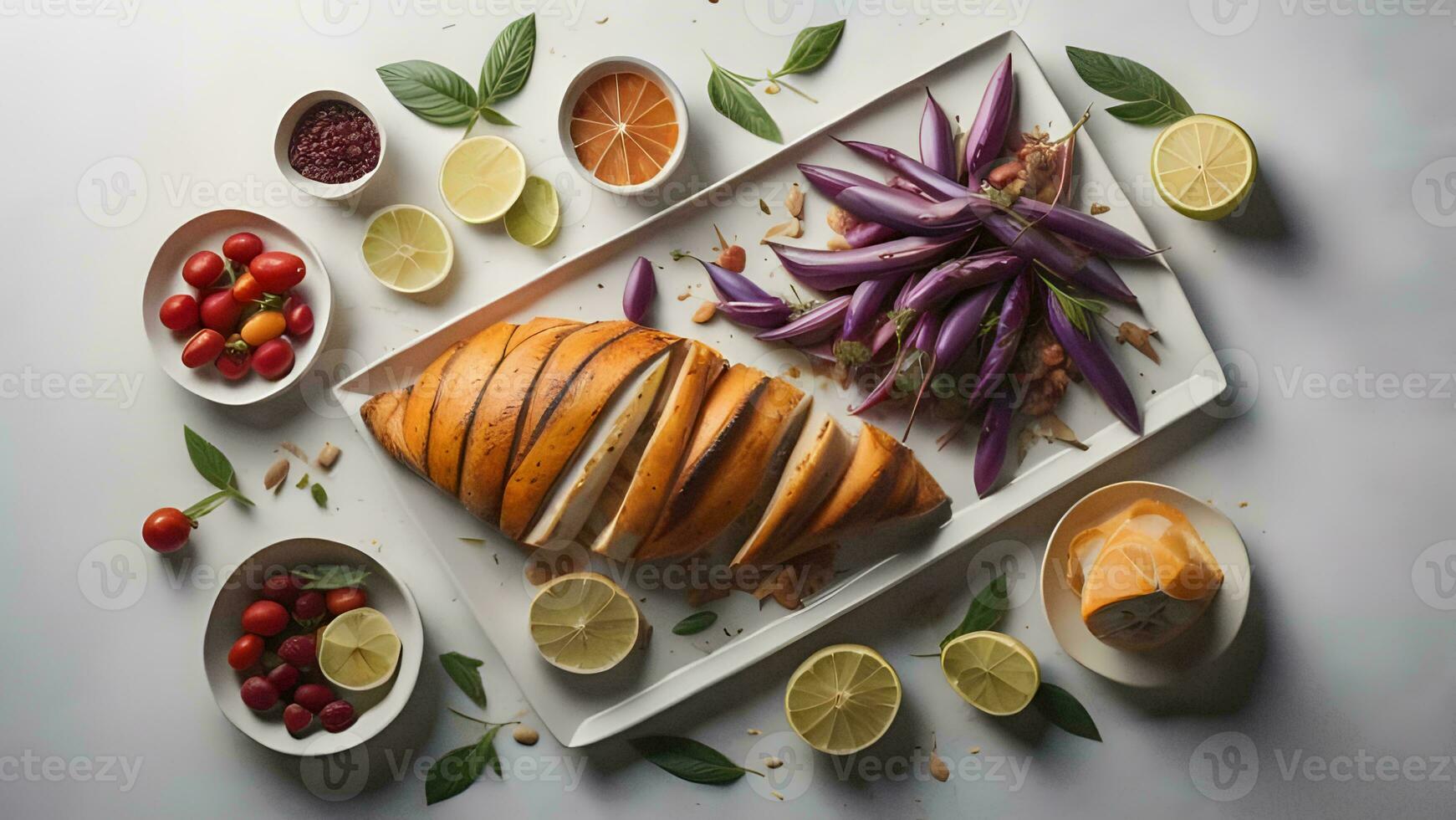 AI generated Slices of bread with different fruits and vegetables on light background. generative ai photo
