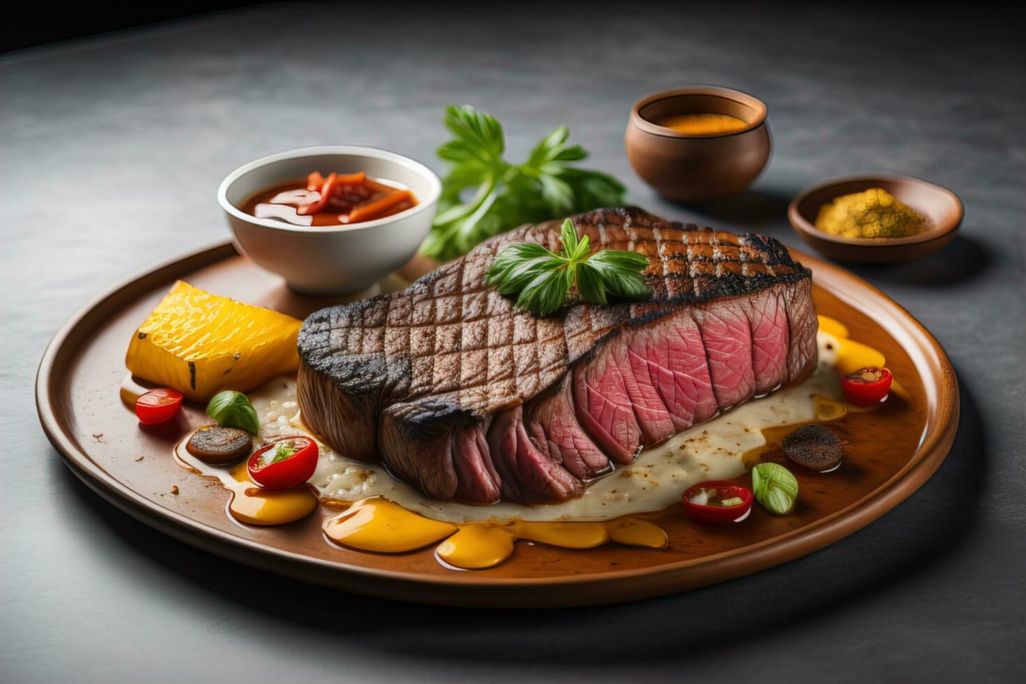 ai generado A la parrilla carne de vaca filete con salsa y vegetales en oscuro fondo, de cerca. generativo ai foto