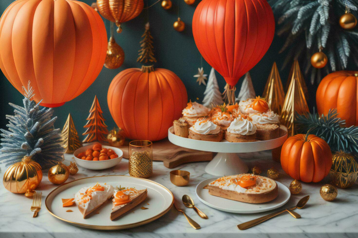 ai generado festivo mesa ajuste para acción de gracias clasificado por día con calabazas, golosinas y pan de jengibre galletas. generativo ai foto