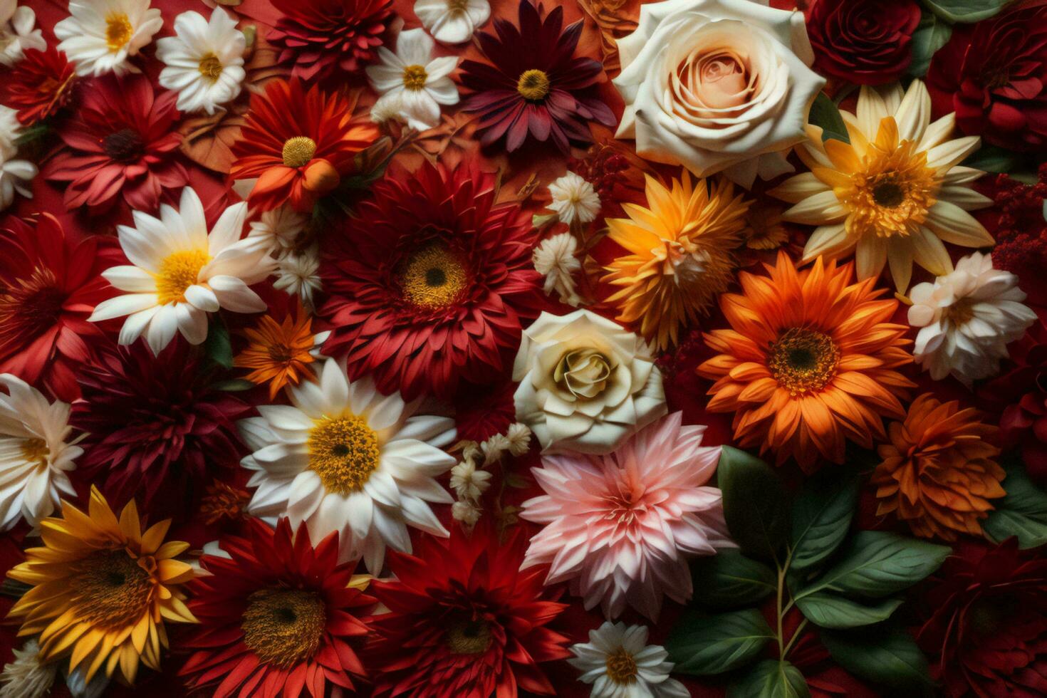 AI generated Colorful flowers background. Top view. Flat lay. Copy space. generative ai photo