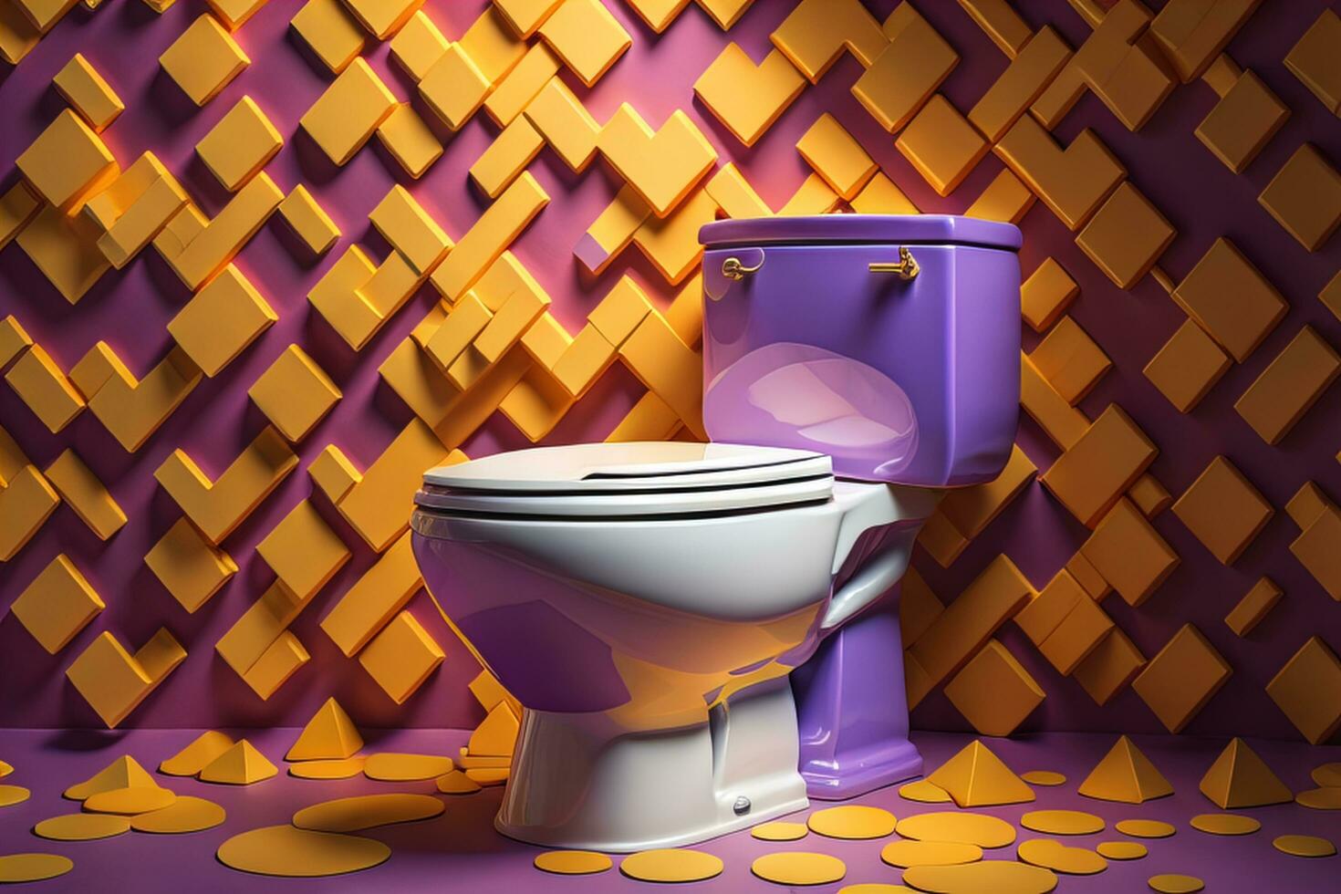 AI generated toilet bowl in a room with yellow and purple tiles. generative ai photo