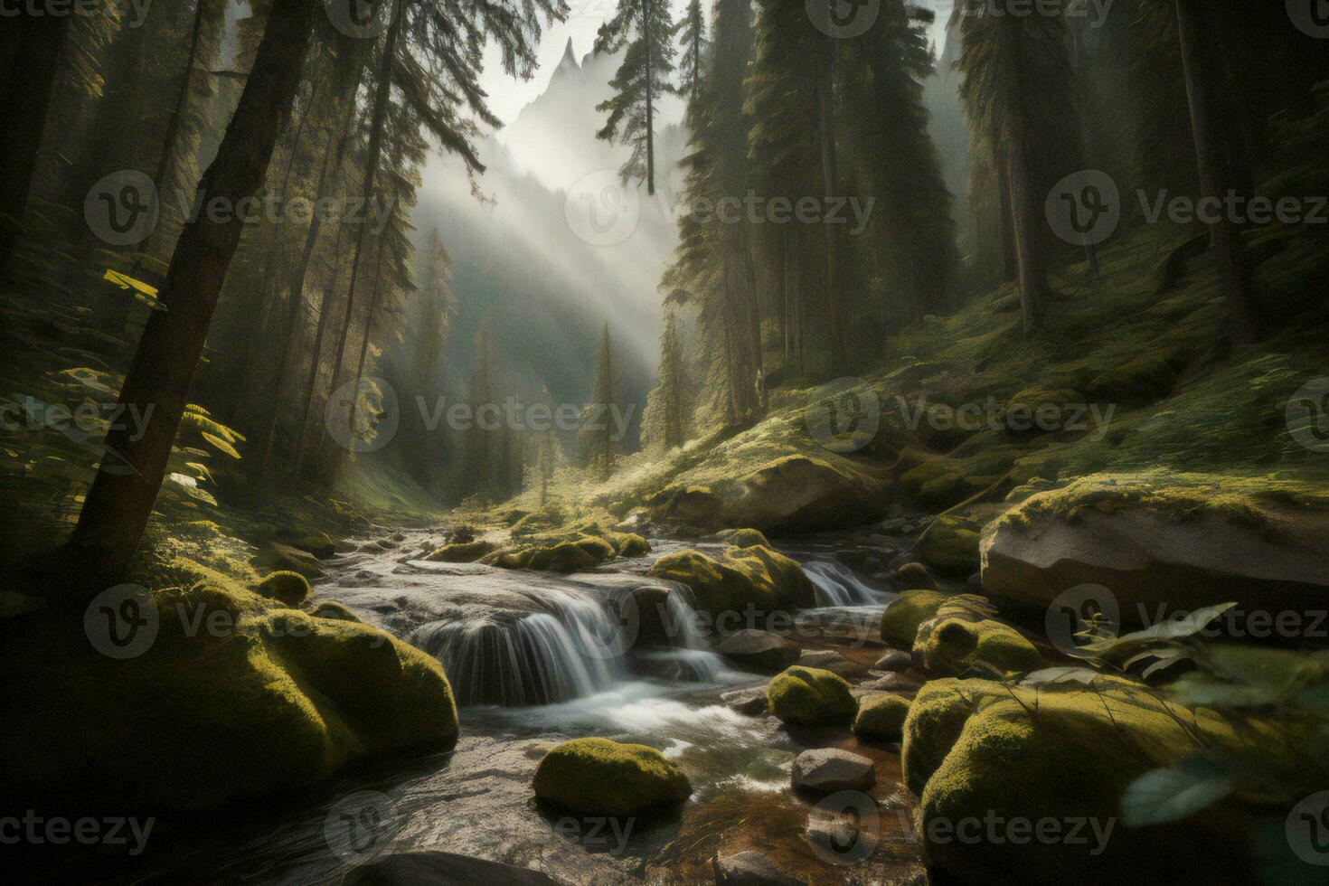 ai generado cascada en el bosque con brumoso y brumoso Mañana. generativo ai foto