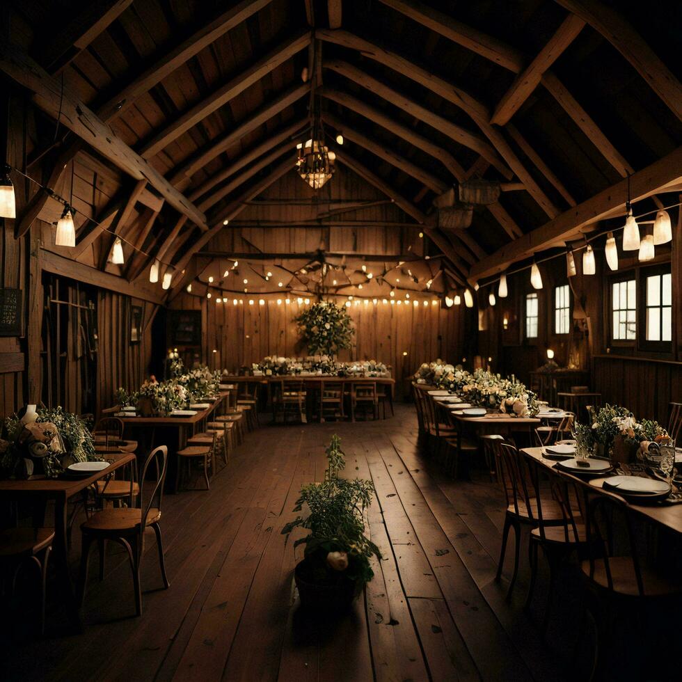 AI generated Interior of a restaurant with wooden ceiling, tables and chairs. generative ai photo