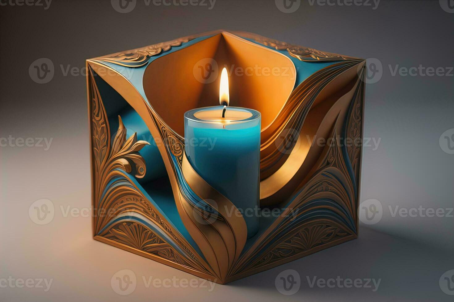 AI generated Burning aroma candle on wooden table against solid color background, copyspace. ai generative photo