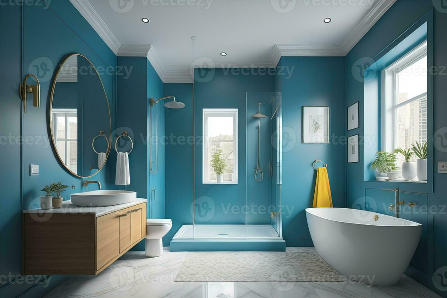 ai generado azul baño interior con un bañera y un espejo. generativo ai foto