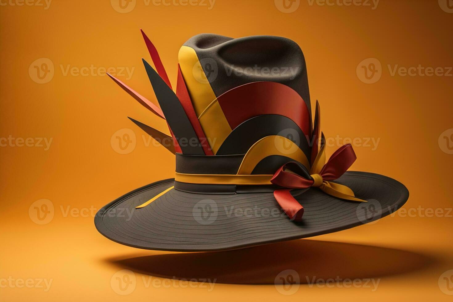 AI generated Black hat with red ribbon and bow on orange background. generative ai photo