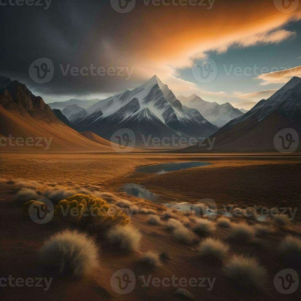 AI generated Beautiful mountain landscape with lake at sunset. generative ai photo