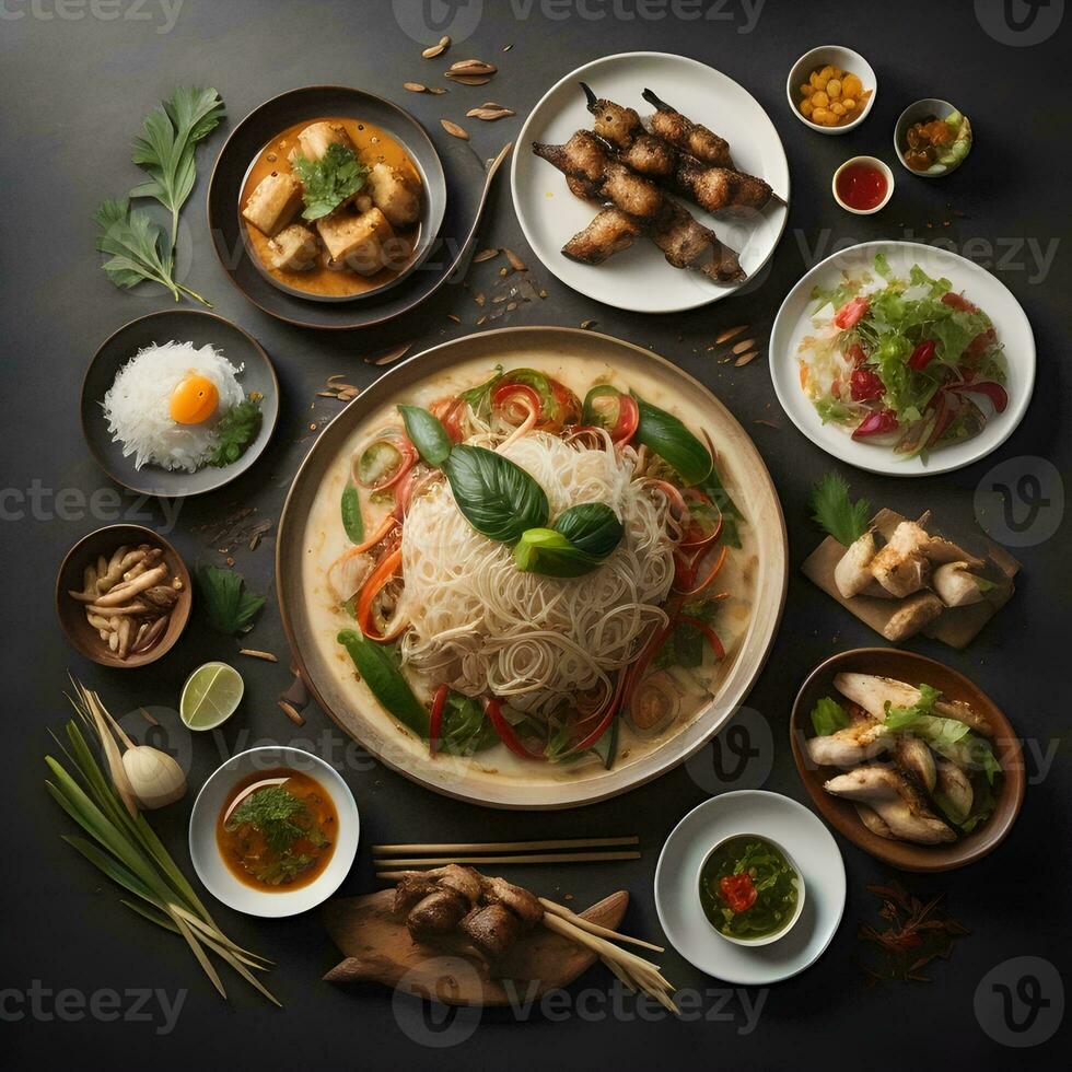 AI generated Top view of Asian food set on black background. Noodles, rice noodles, soup, chopsticks, vegetables, mushrooms, chicken, ginger, soy sauce, chilli and spices. generative ai photo
