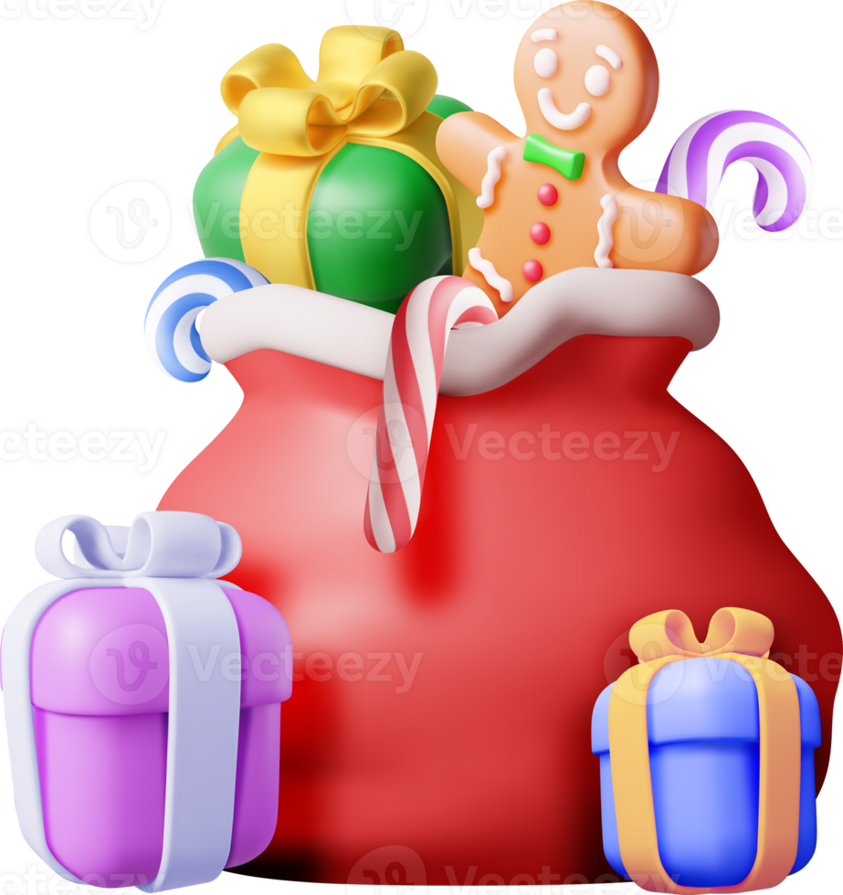 3D Open Santa Claus Sack full of Gifts png