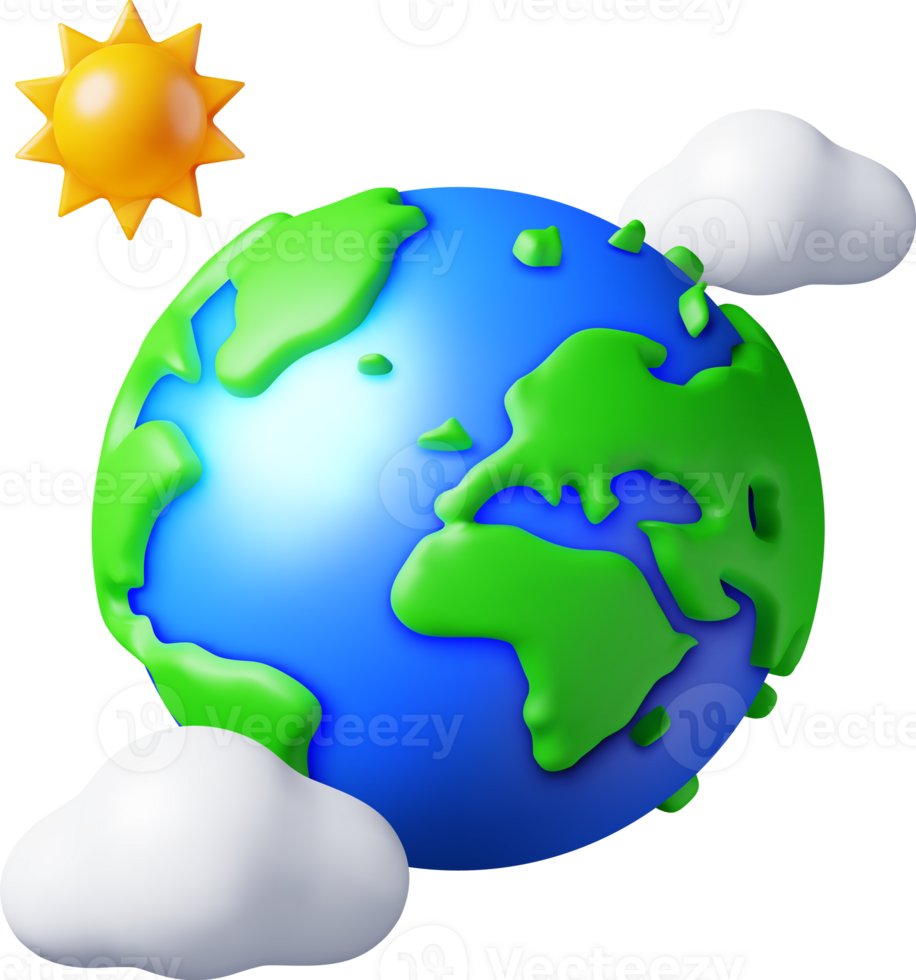 3D Cartoon Planet Earth in Clouds with Sun png