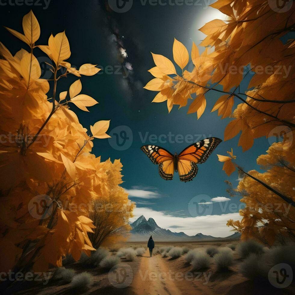 AI generated Conceptual image of a butterfly walking in the autumn forest. ai generated photo