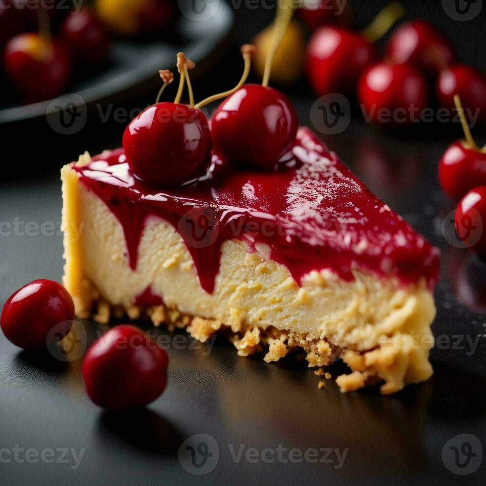 AI generated cheesecake with cherry on a dark background. tinting. selective focus. generative ai photo