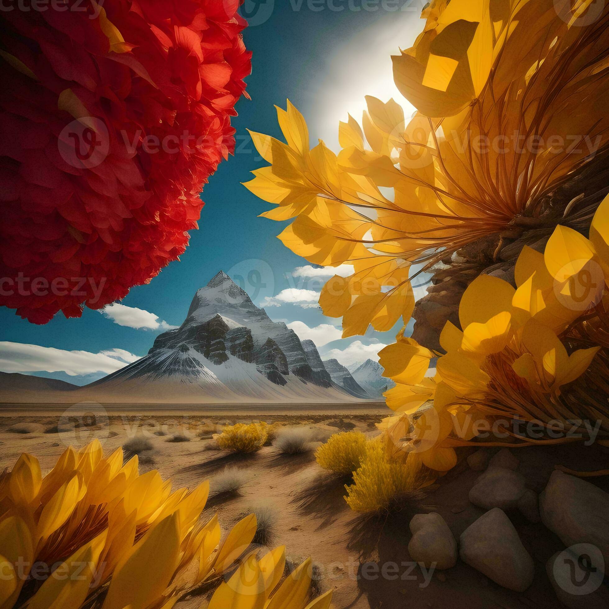 AI generated Matterhorn and yellow flowers in the desert, ai generated