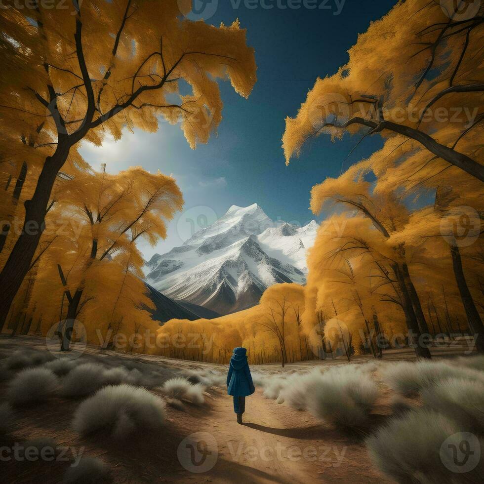 AI generated Woman walking in the autumn forest. generative ai photo