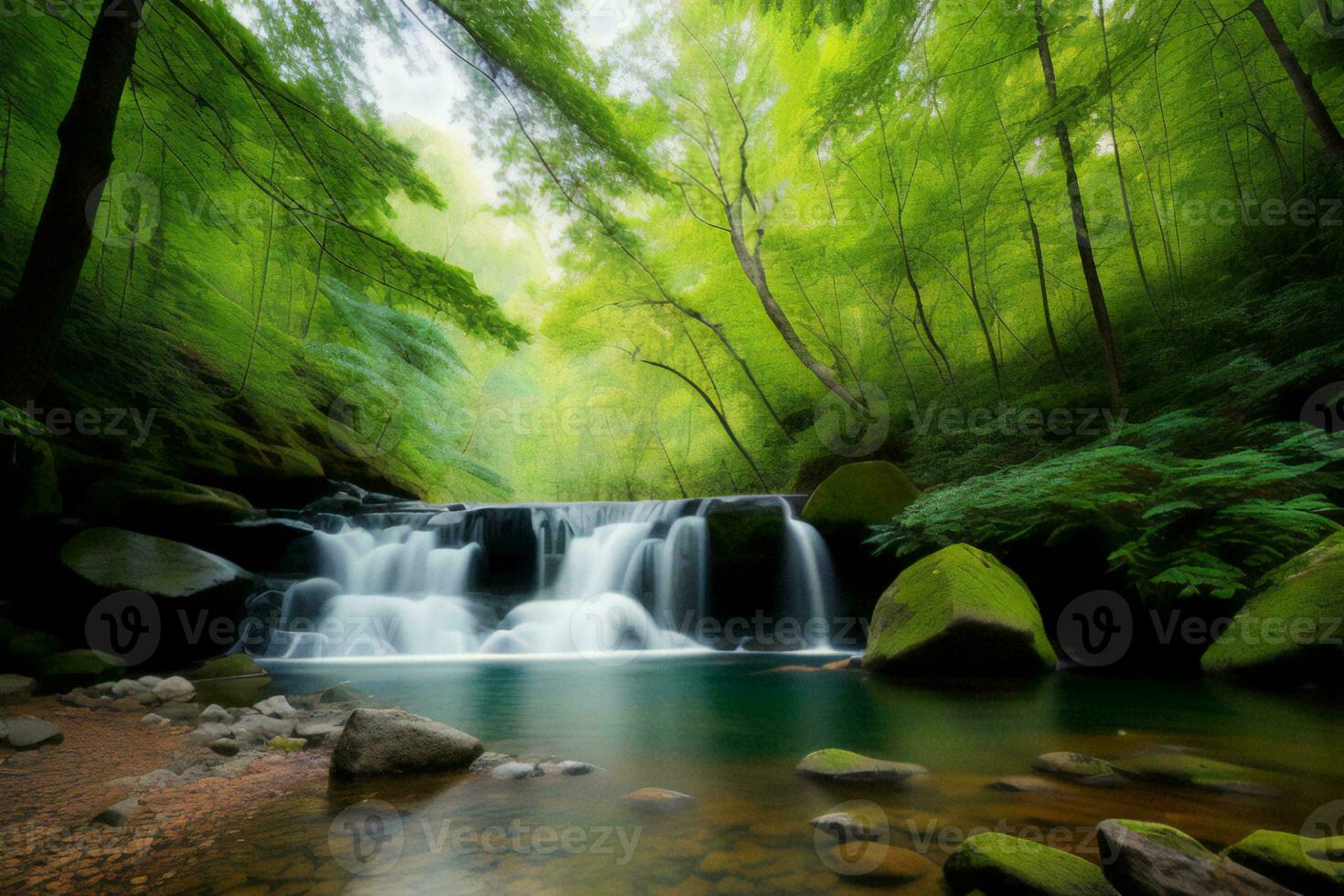 AI generated Waterfall in deep forest. generative ai photo