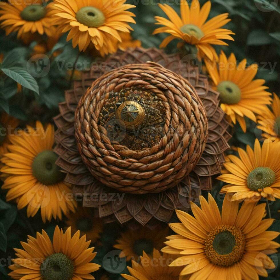 AI generated artificial flower in the form of a wicker basket with a pattern. generative ai photo
