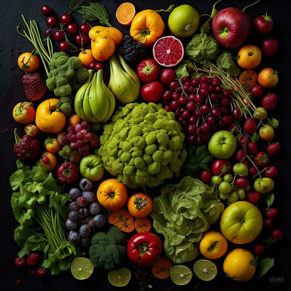 AI generated Fresh fruits and vegetables on black background. Healthy food concept. Top view. generative ai photo