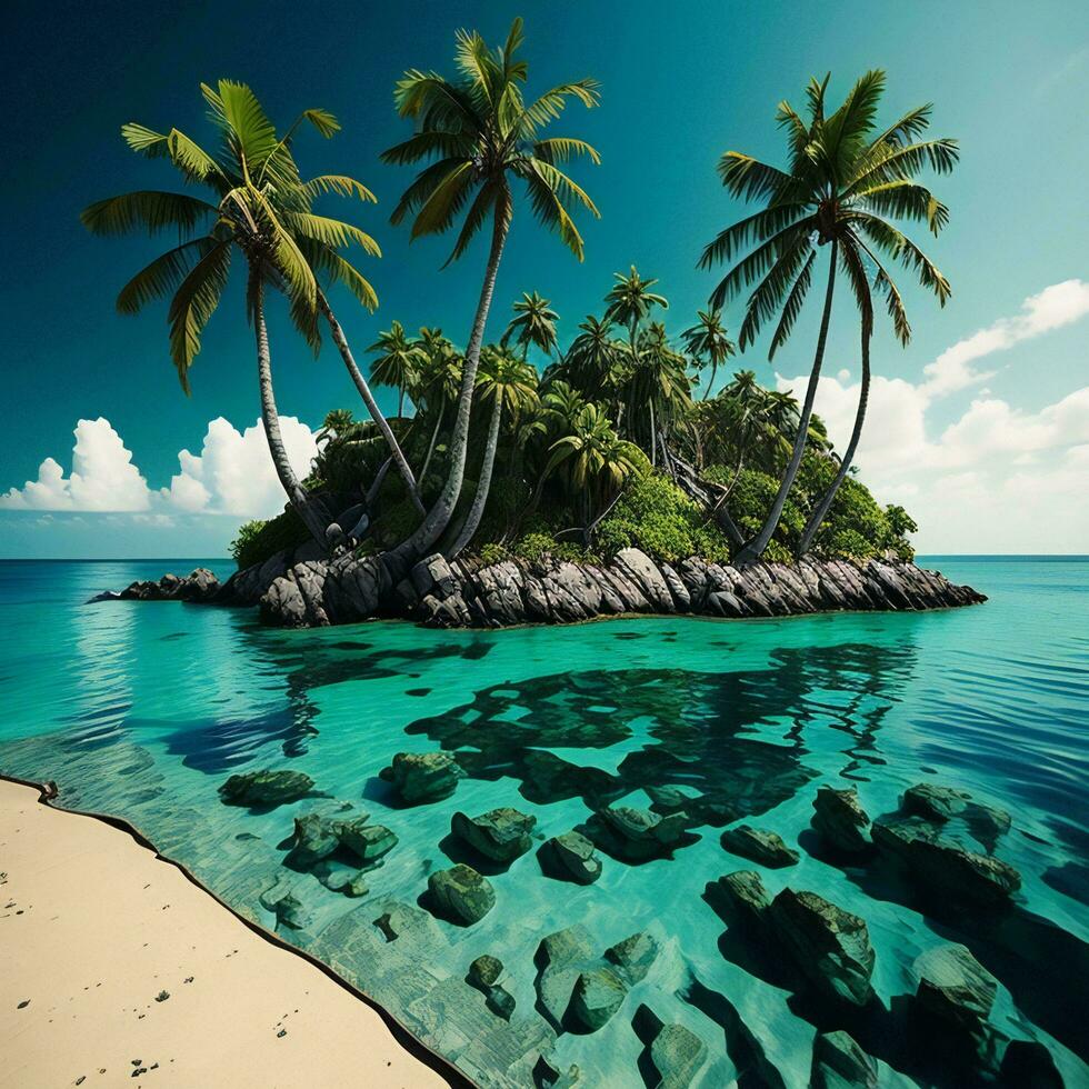 AI generated Beautiful tropical island with palm trees and turquoise ocean water. generative ai photo