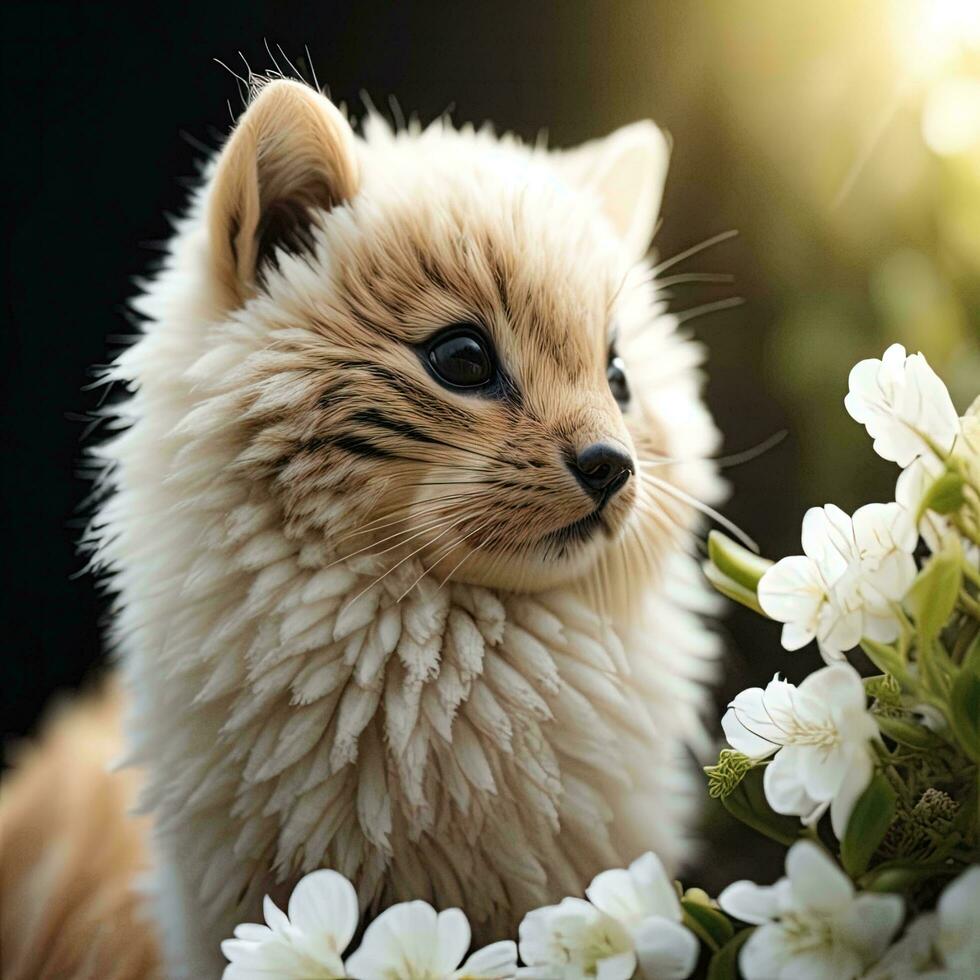 AI generated Cute fluffy cat with flowers on black background, close up. generative ai photo