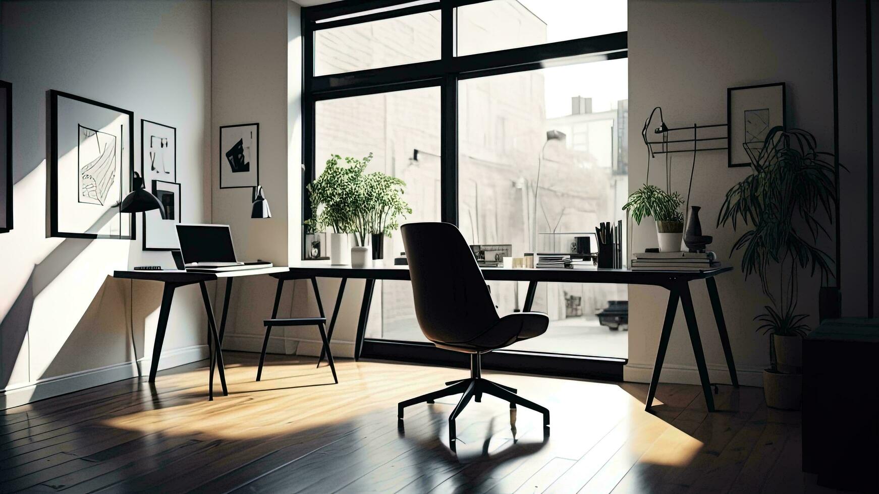 AI generated Modern office interior with furniture and city view. generative ai photo